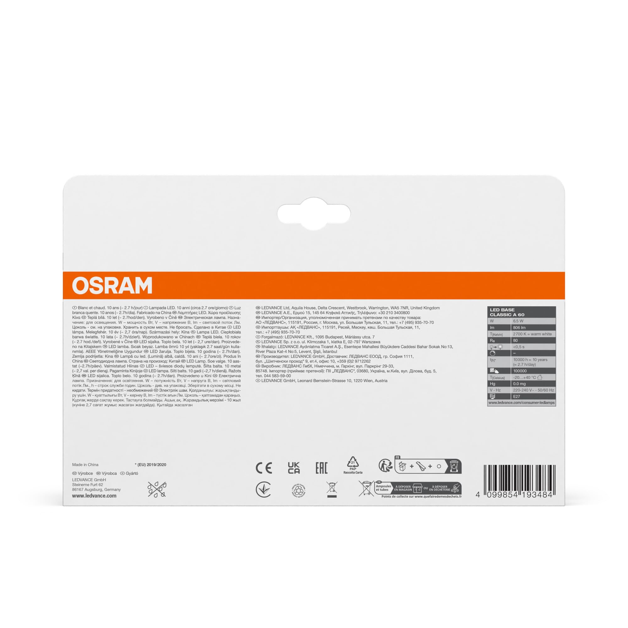 OSRAM LED BASE A60, paquete de 40 bombillas, reemplaza bombillas | , LED Lamps, 60.00 Millimetres dia, , Paquete de 40