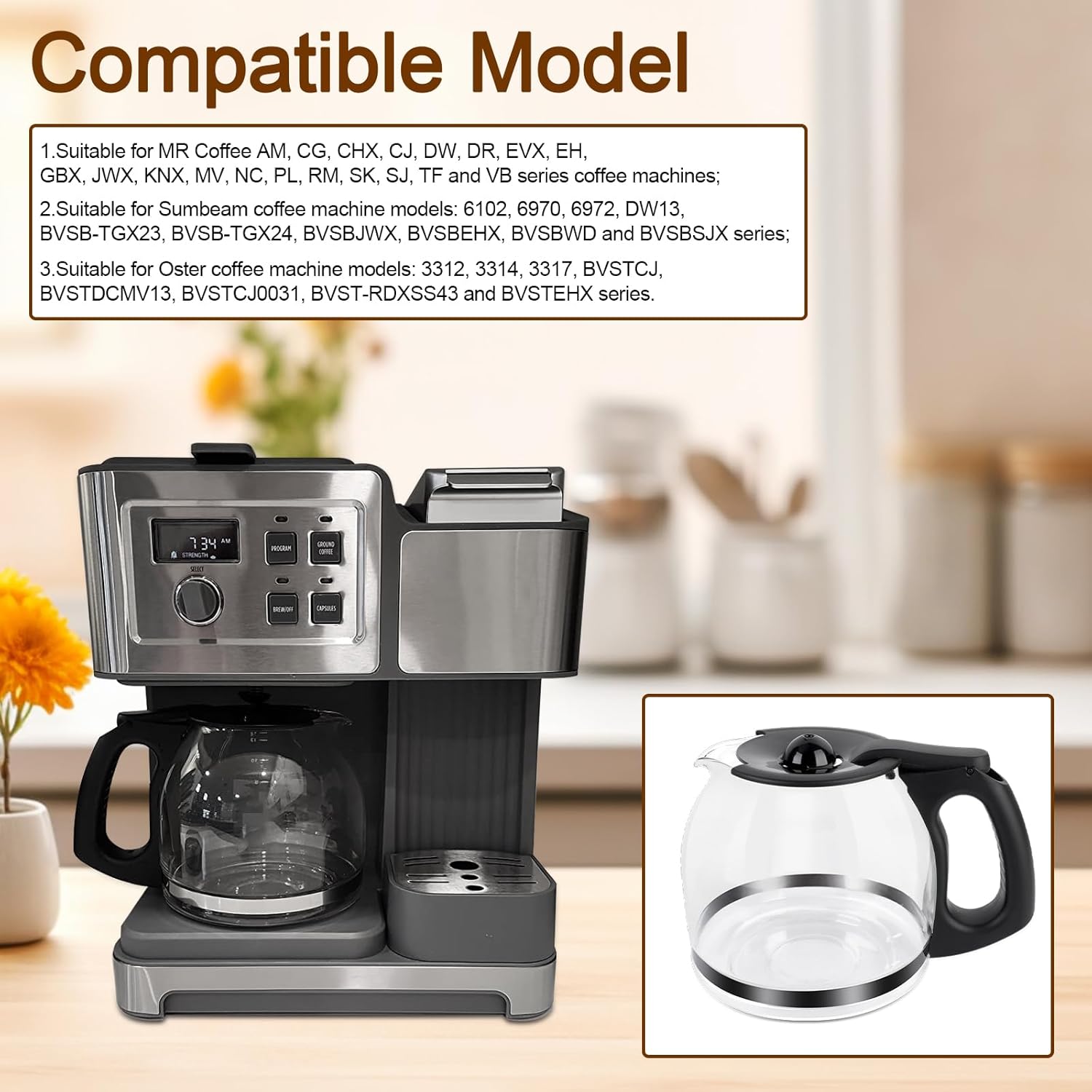 12-Cup Coffee Pot Replacement for Mr. Coffee 12 cup Coffee Maker Pot, Coffee Carafe Replace PLD12 PLD12-RB Series - Black Handle - Image 4