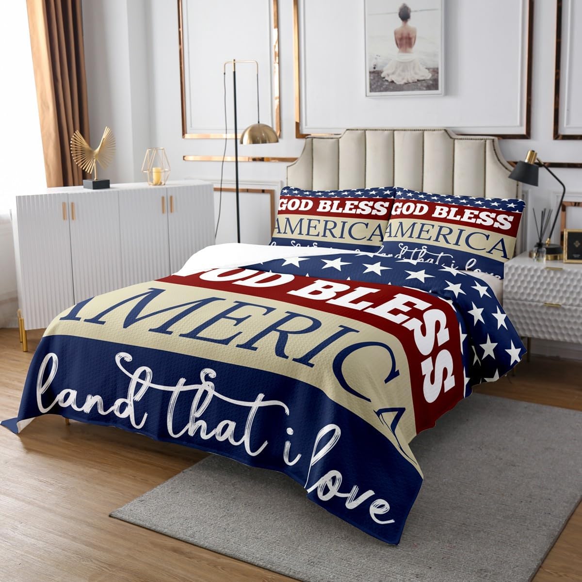 jejeloiu Independence Day Memorial Day Coverlet Set Queen Size 4th of July Bedding American Flag Quilted Coverlet Microfiber Quilted Patriotic Bedroom