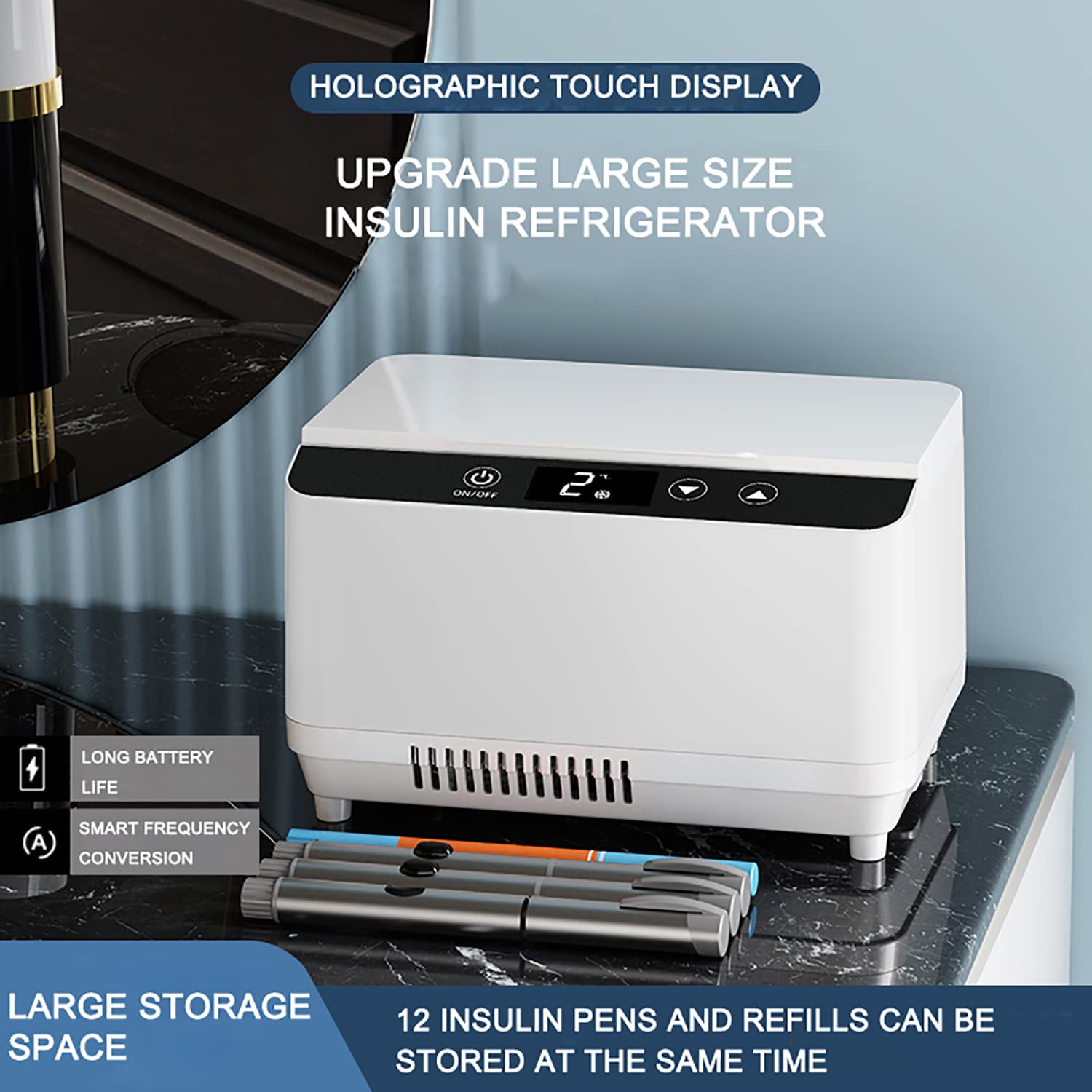 Custodia da viaggio per dispositivo di raffreddamento per insulina, custodia refrigerata per dispositivo di raffreddamento per insulina, grande capacità a doppio strato, display a LED 2 ~ 8 °