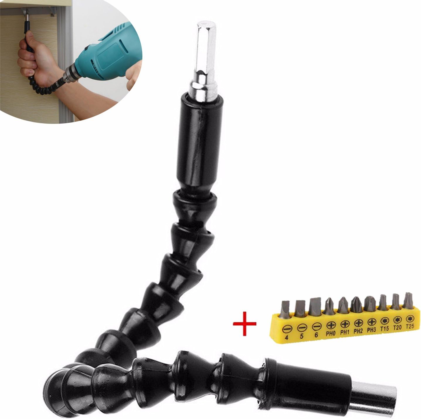 Screwdriver Set 4/1 Flexible Shaft Universal Electric drill Charging drill Electric Screwdriver Extension 11.8 Inch（including 1 * Drill bit set）