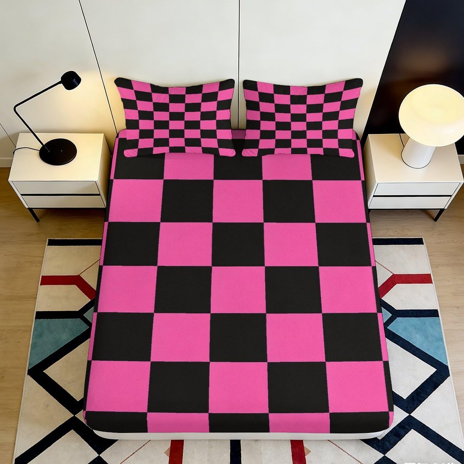 3D Printed Pink Black Checkerboard Fitted Sheet Microfiber Soft Breathable Grid Pattern Mattress Cover for Bedroom Dorm Decor 90x200x25cm