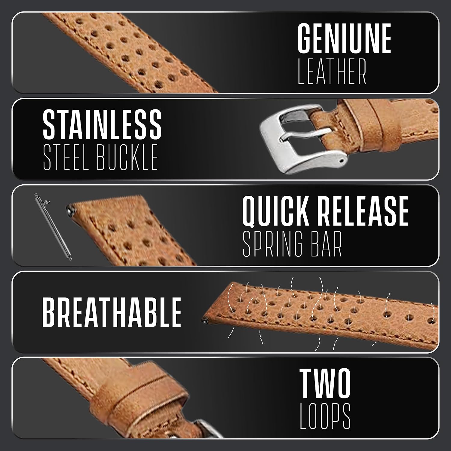 ALPINE Genuine Perforated Leather for Watch Band - Quick Release Replacement Watch Bands for Women & Men - Stainless Steel Buckles - Compatible with Regular & Smart Watch Bands
