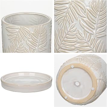 GnFlus 5.5 Inch Ceramic Planter Pots with Drainage Holes, Saucers for Indoor-Outdoor Plants, Succulent Orchid Flower Large Round Plant Pot Lvory White