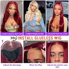 CHEETAHBEAUTY 9x6 Glueless Wigs Human Hair Pre Plucked Pre Cut 18 Inch Straight 99j Burgundy Lace Front Wigs Human Hair for Women 9x6 HD Lace Glueless Wig with Elastic Drawstring 220% Density