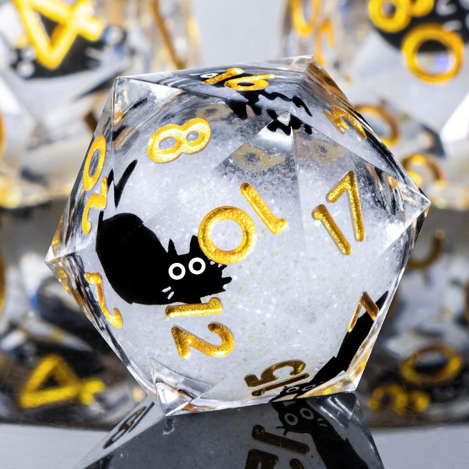 Roycevon Resin DND Dice Set with Gift Box, 7Pcs Liquid Core Cat D&D Dice, Cute Dungeons Dragons D and D Dice, Sharp Edge Role Playing Game Dice D20 D12 D10 D8 D6 D4, White Gold
