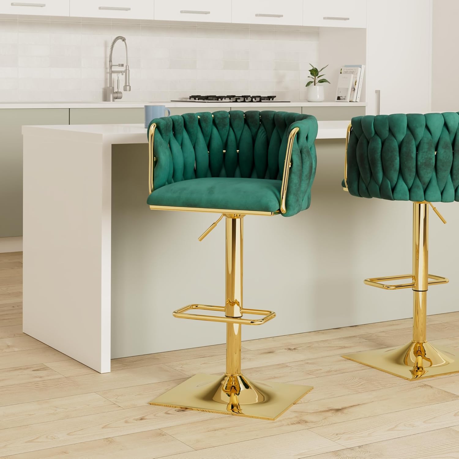 Modern Velvet Swivel Bar Stools Set of 4, Hand Woven Backrest, Comfy Adjustable Counter Height Barstools with Gold Square Base for Counter, Kitchen Island, Cafe, Pub (Set of 4, Emerald)