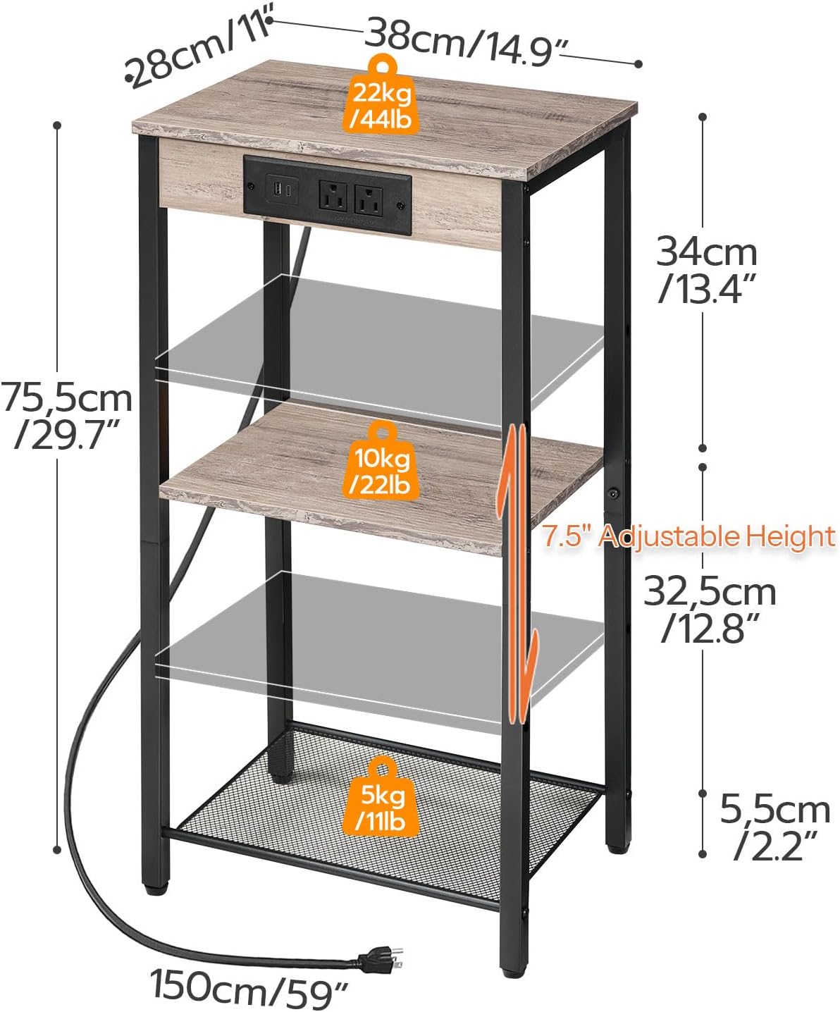 HOOBRO Tall End Table with Charging Station, 30 Inch Slim Tall Nightstand, 3-Tier Narrow Side Table with Adjustable Shelf, for Living Room, Bedroom, Small Space, Hallway, Greige BG09UDH01G1