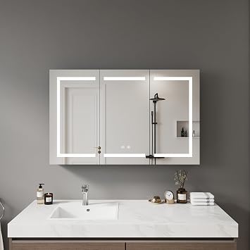 47"30" Lighted Medicine Cabinet with Mirror,Wall Mounted Bathroom Mirror with Storage,3 Doors Bathroom Wall Cabinet with Adjustable Shelves