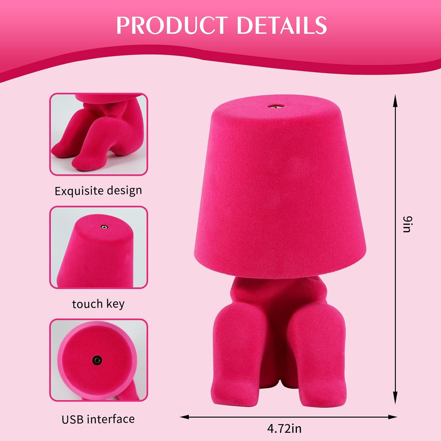 Bedside Touch Control Table Lamp, Golden Decor Thinker Statue LED Table Lamp with USB Port, 3 Way Dimmable Modern Night Light Nightstand Lamp for Home Living Room Office Shelf Decor (Pink-H)