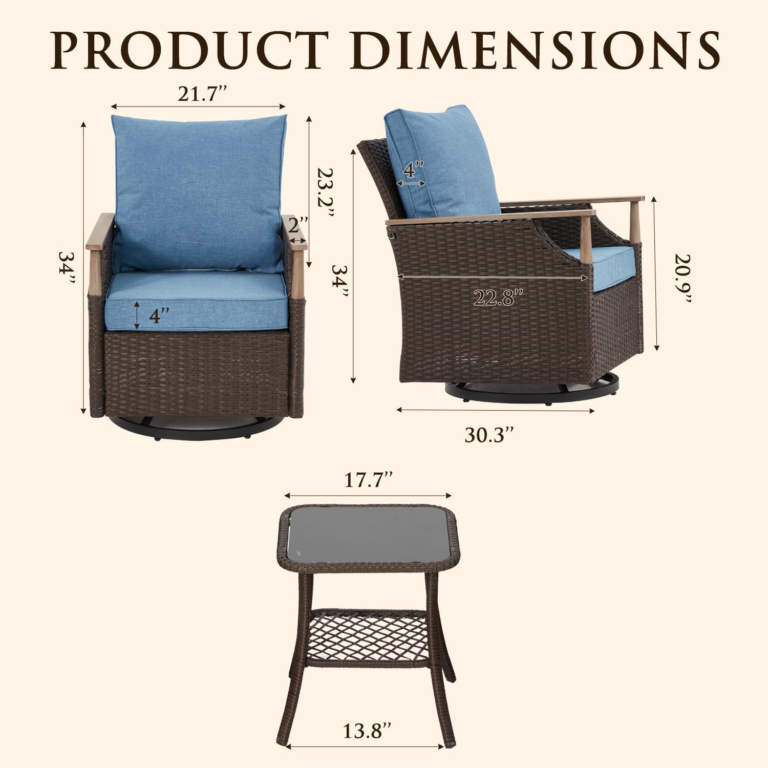 MELLCOM 3 Pieces Patio Furniture Set, Wicker Swivel Glider Chairs with Side Table and Thick Cushions, All Weather Rattan Bistro Set for for Patio, Garden, Backyard and Porch