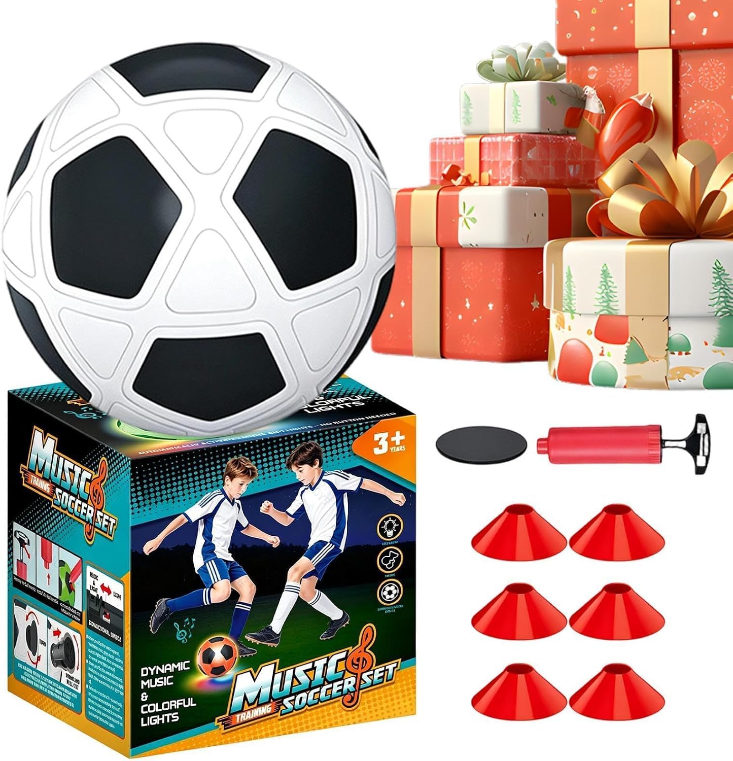 CaeliMuse Light Up Football for Kids with Music,15 cm Mini Footbal Training Set with 6 Cones, Hand Pump & Light Module, Indoor Outdoor Footba Game for Garden, Park and Home, Gift for Boys Girls