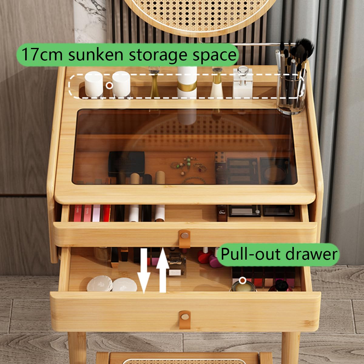 Sgabello Da Trucco In Bambù Con Superficie In Rattan - Portatile E Resistente Fino A 120 Kg - Foto 6