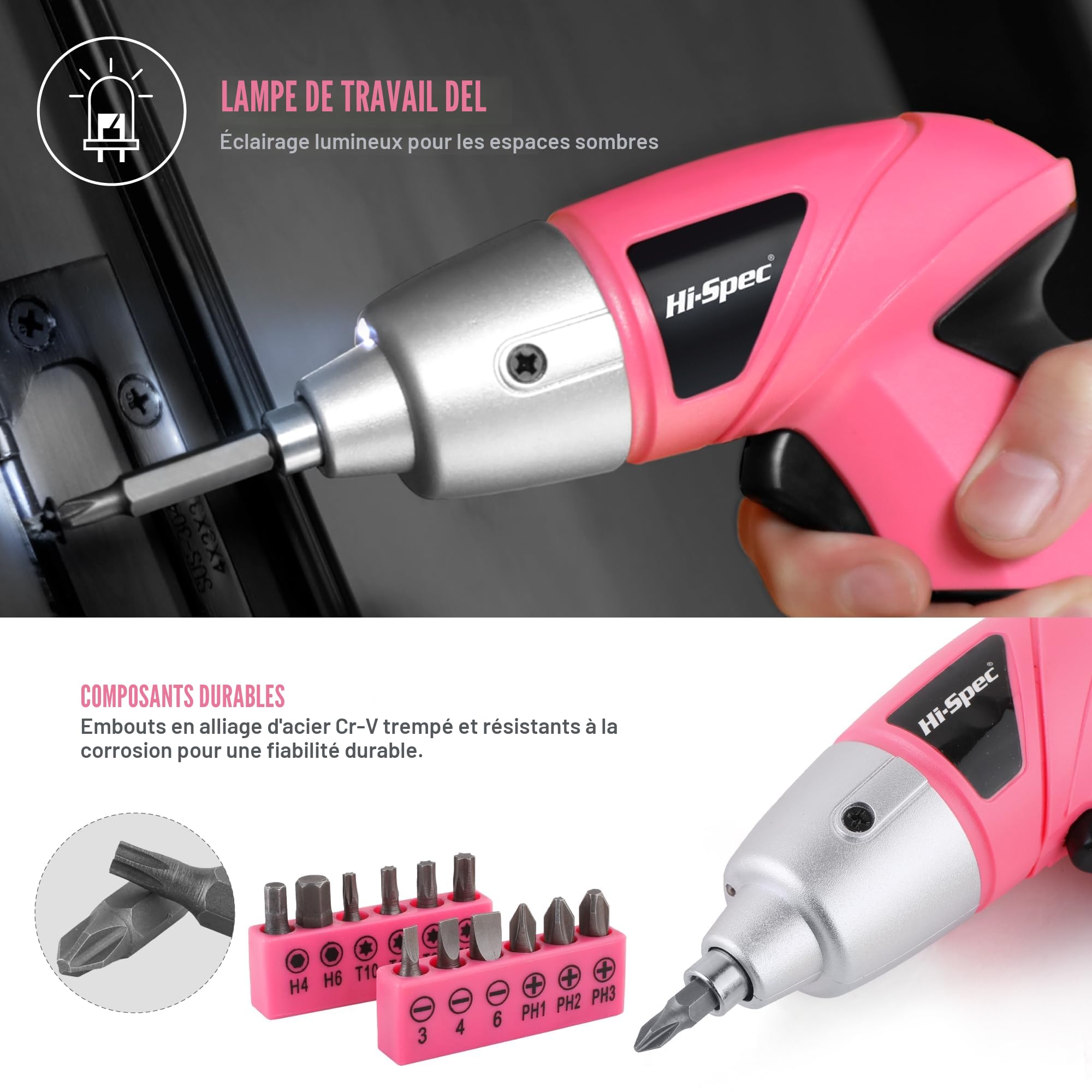 Hi-Spec Perceuse Visseuse Sans Fil 3.6V USB – Kit d’Outils Maison 19 Pièces Rose, Tournevis Électrique Rechargeable avec Coffret Compact boîte à outils compacte