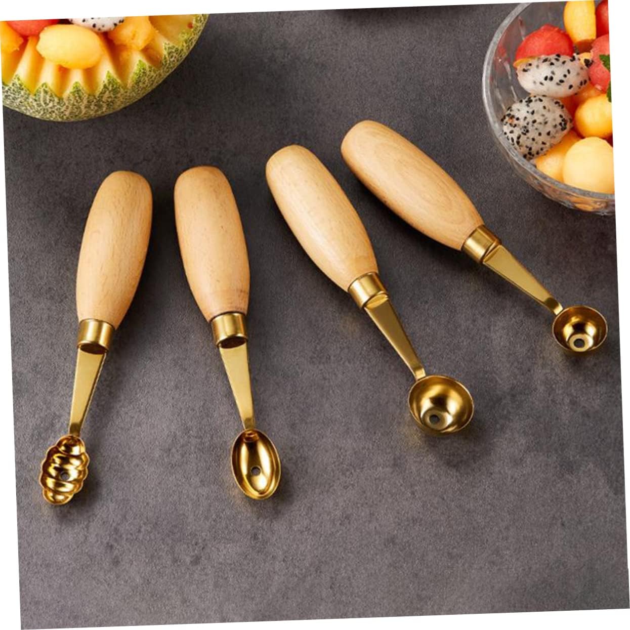 4pcs Watermelon Scooper Stainless Steel and Wood round Spoon