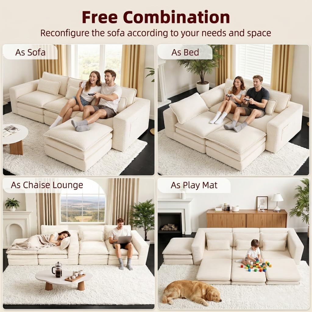 109" Sectional Couch Boneless Modular Sofa for Living Room with Ottoman | No Assembly Required Sofa Bed L shaped Couch | Corduroy Deep Seat Couch with Double Layer Cushion & Removable Cover | Beige