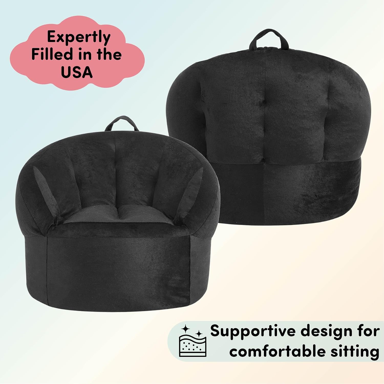 Heritage Kids Pod Curved Back Kids Bean Bag Chair, Soft Plush Lounge Seat for Bedroom or Playroom, Black