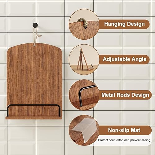 Miniatura 4 de Soporte de madera para encimera de cocina, soporte para libros de cocina marrón rústico que se adapta a exhibición colgante o de encimera, soporte