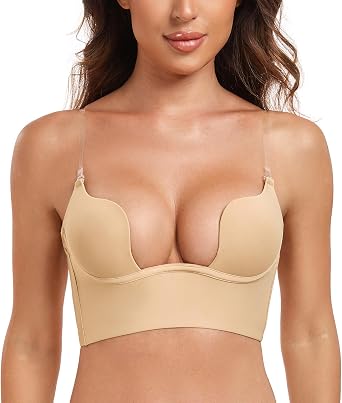 JOATEAY Deep Plunge Low Back Bra for Women Backless Underwire Padded Bra with Convertible Clear Straps