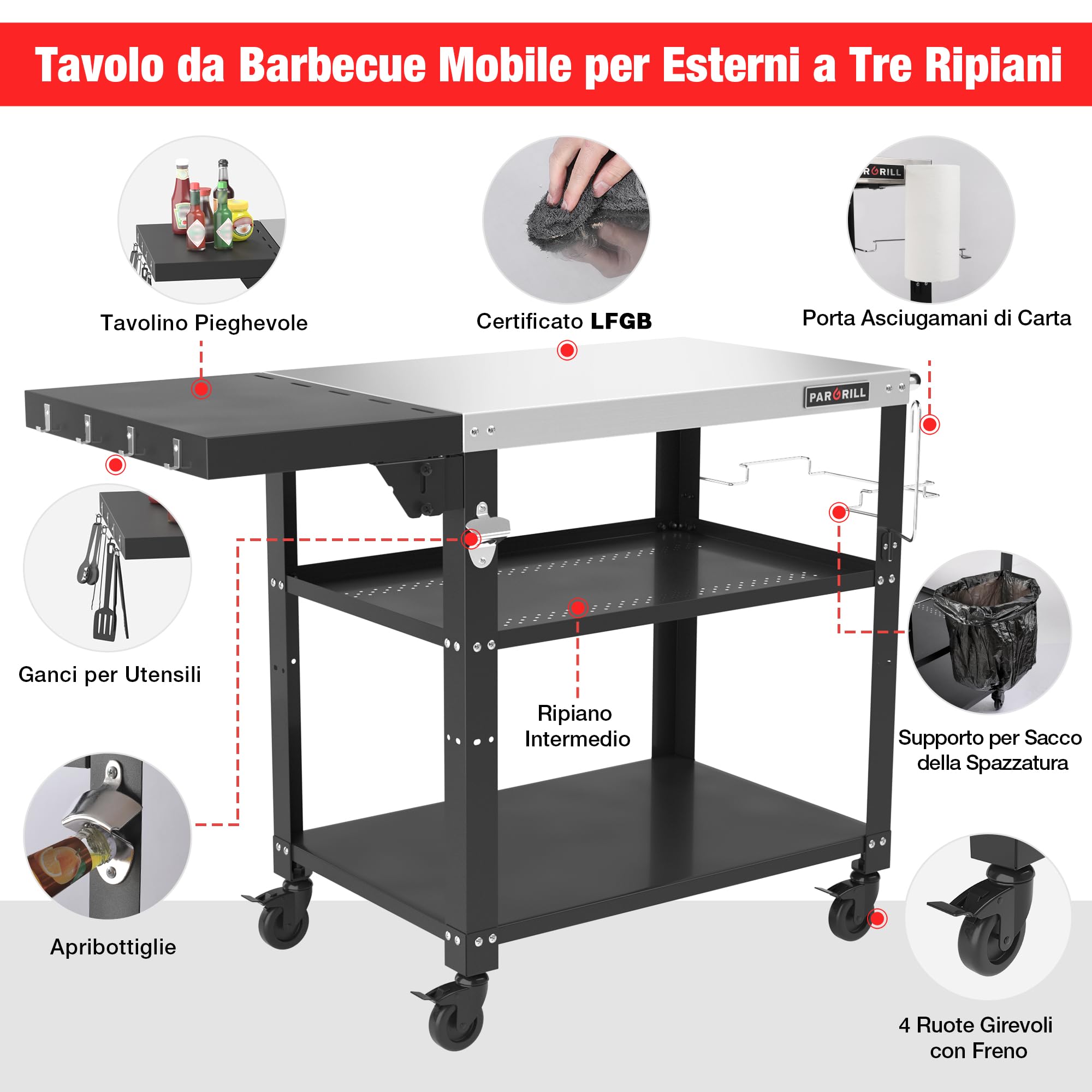 PARGRILL Carrello da Cucina a 3 Piani con Ruote, Carrello Multiuso Pieghevole con Tavolo Laterale, Ganci e Accessori, Carrello Portaoggetti da Cucina in Acciaio Inossidabile per Cucina, BBQ e Pizza | 4 ruote girevoli bloccabili, tavolo da barbecue mobile