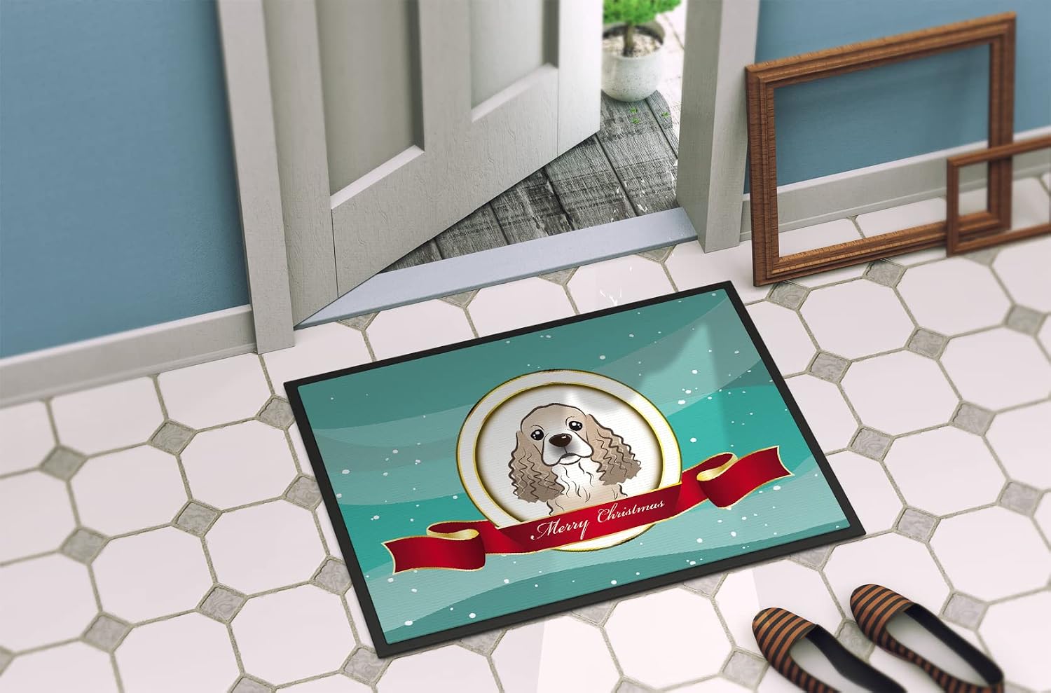 Caroline's Treasures BB1526JMAT Cocker Spaniel Merry Christmas Doormat 24x36 Front Door Mat Indoor Outdoor Rugs for Entryway, Non Slip Washable Low Pile, 24H X 36W