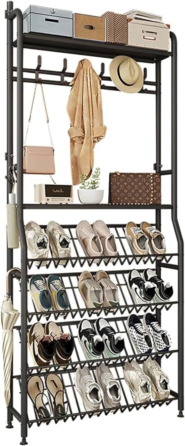 Pazzfre スリム斜め置きシューズラック 奥行20cm 4段12足収納 スチール製多機能棚 玄関/隙間用 組立式省スペースラック