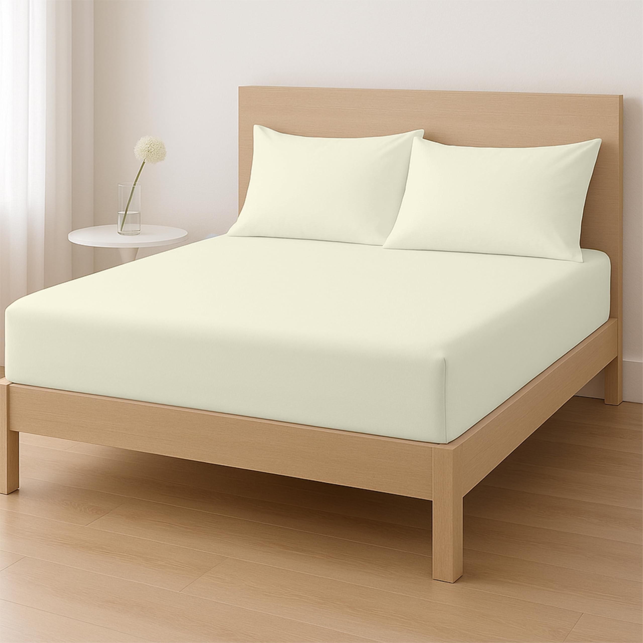 Rohi Single Fitted Sheet Set – 25cm Deep with Elasticated Corners – Soft & Breathable Cotton Blend Fitted Sheet with Pillowcases – Shrink & Fade Resistant – Single Bed Sheet Set (Cream, Single)