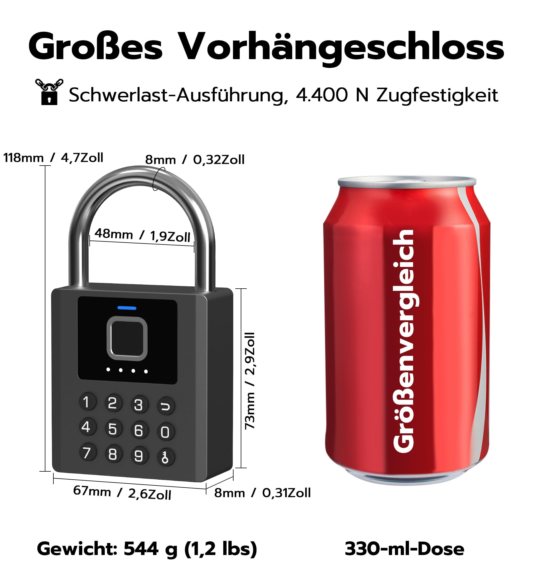 Smartes Fingerabdruck-Vorhängeschloss mit App & PIN-Code | 5-in-1 Öffnung mit Fingerabdruck, PIN, App, Apple Watch & Schlüssel. IP67 wetterfest, USB-C Akku für Garage, Garten & Spind.