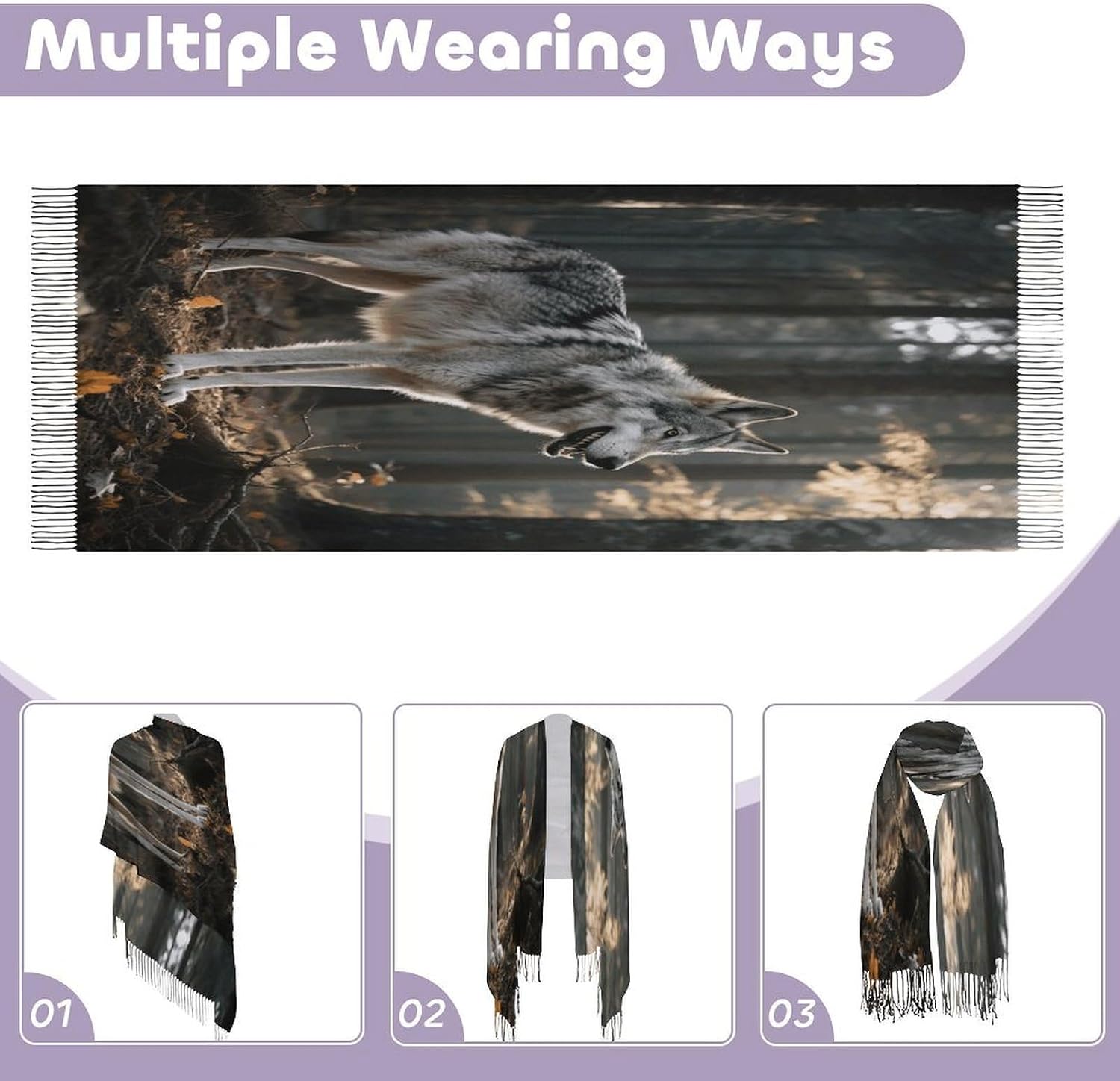 Wolf Scarf for Women Men Classic Fashion Blanket Scarves Soft Cashmere Feel Scarf Cold Weather Warm Long Shawl Winter Large Scarves Classic Blanket Scarfs Thick
