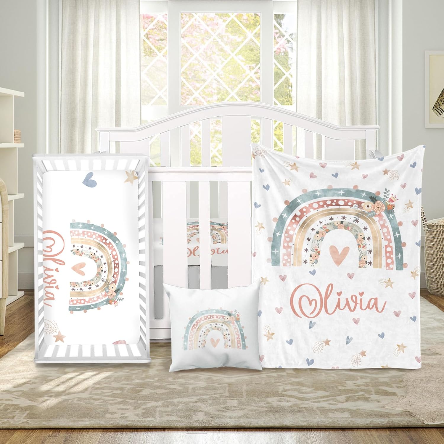 Custom Baby Crib Bedding Set - Rainbow Nursery Bedding 3 Piece Set with Personalized Name Design - Soft Chic Flannel Blanket, Crib Sheet, Pillowcase for Newborns Boys Girls Gifts Color19