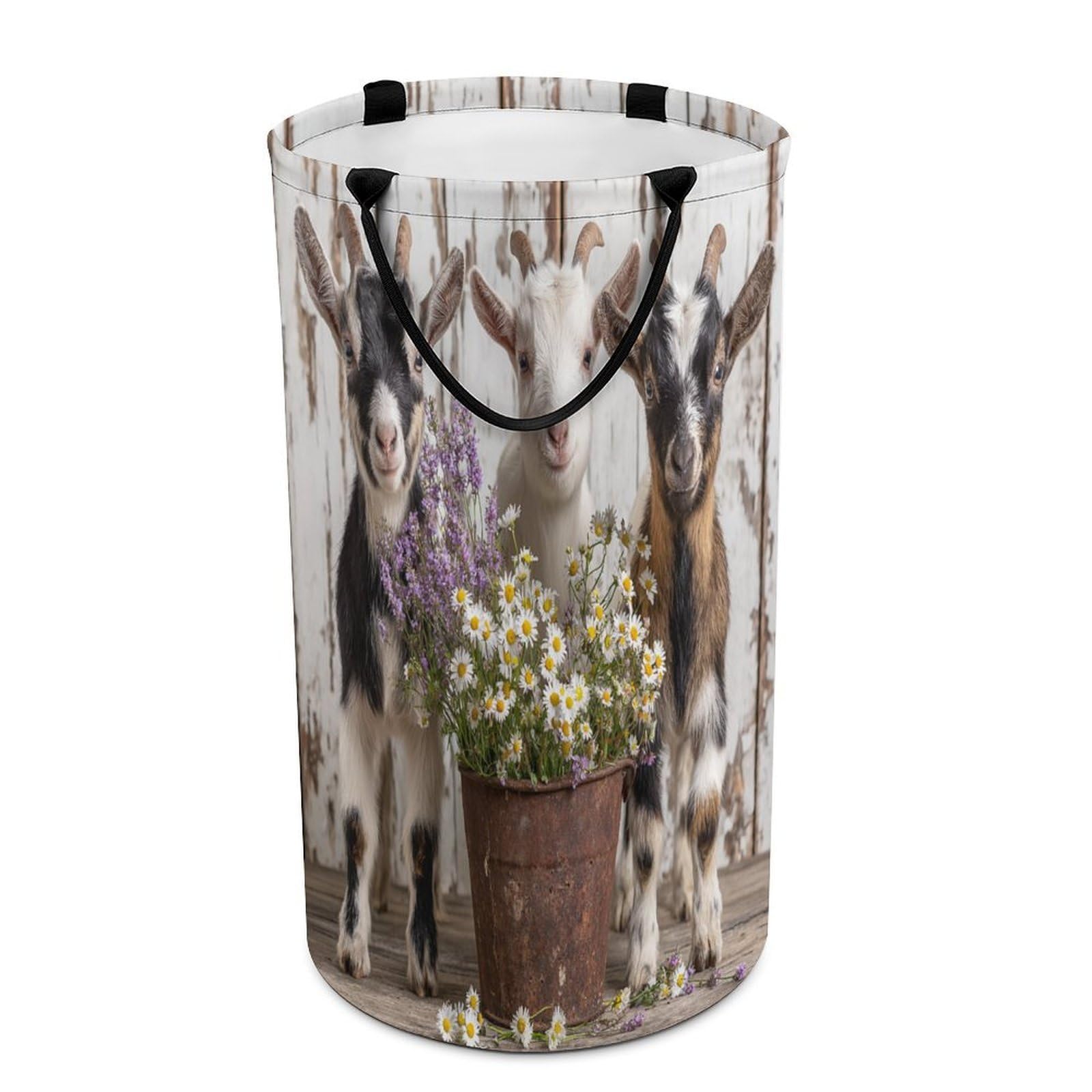 LUYYSKY Cute Vintage Alpaca Collapsible Dirty Clothes Basket, Beautiful Rustic Farm Wooden Board Animals Sheep Daisies Flowers Portable Clothes Storage Basket
