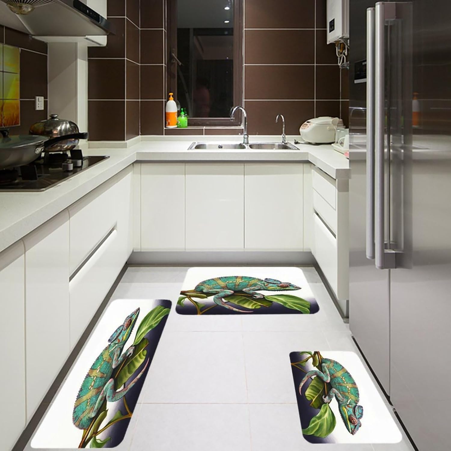 Chameleon Kitchen Mat Set of 3 Waterproof Floor Mats Non-Slip Kitchen Rugs Premium Flannel Rug Heavy Duty Standing Mat for Kitchen Home Bathroom Laundry