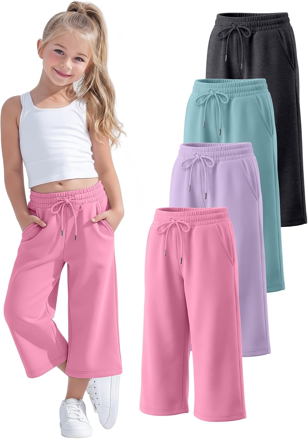 4 Pack Girls' Capri Pants Kids Wide Leg Loose Drawstring Capri Sweatpants Casual Basic Cropped Pants with Pockets