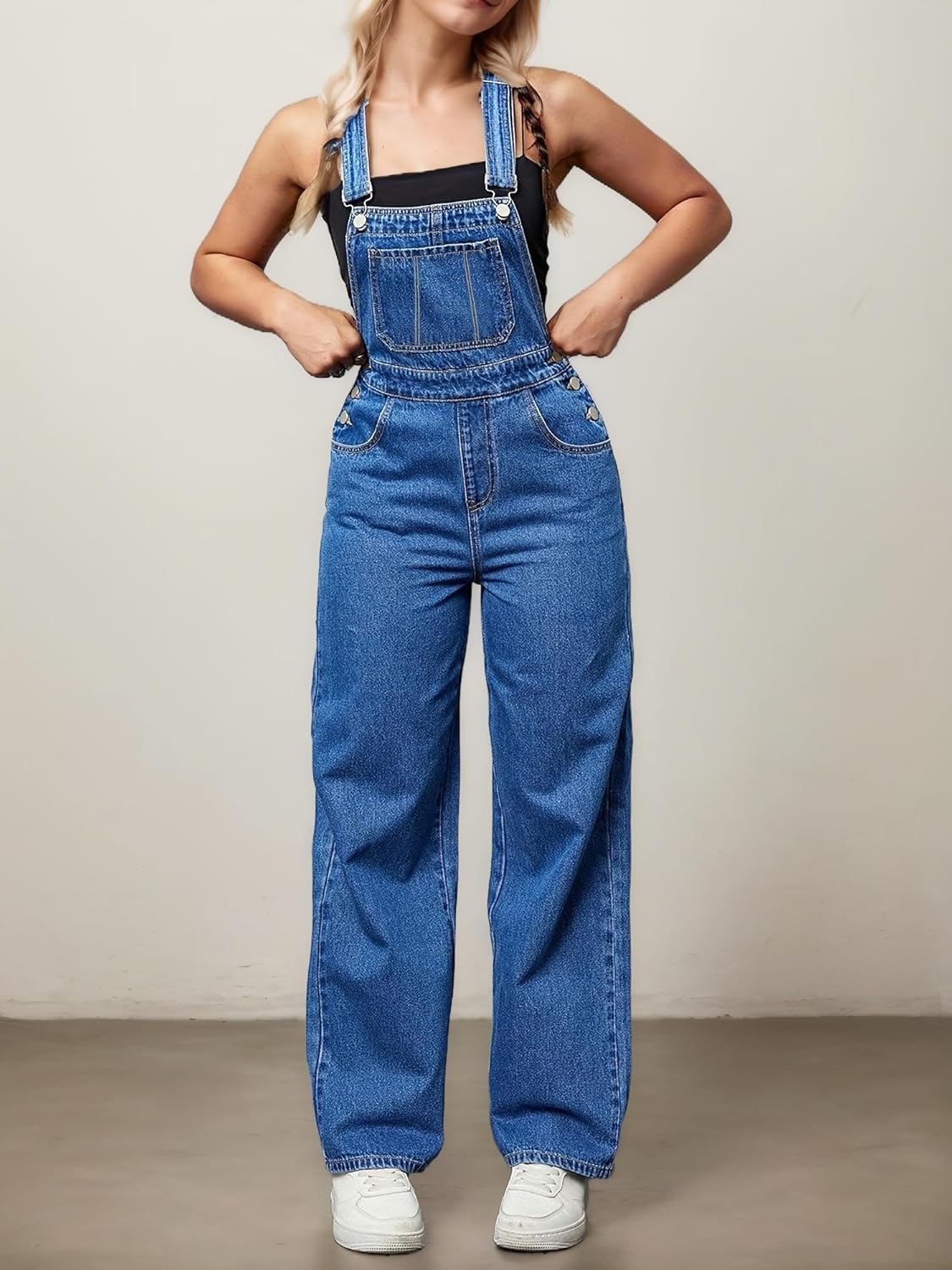 Flvsun Women's Straight Wide Leg Jeans Overalls Baggy Fit Bib Denim Jumpsuit Pants Adjustable Straps - Image 4