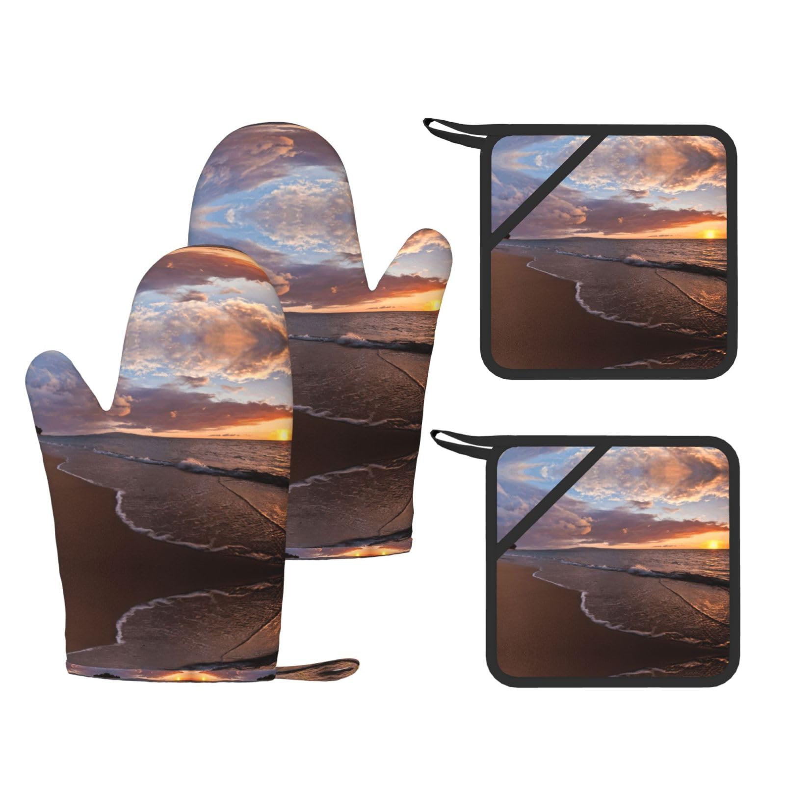 Beach Sunset Trendy Printed Kitchen Set with Heat Resistant Gloves & Non-Slip Hot Pads for Baking & Grilling
