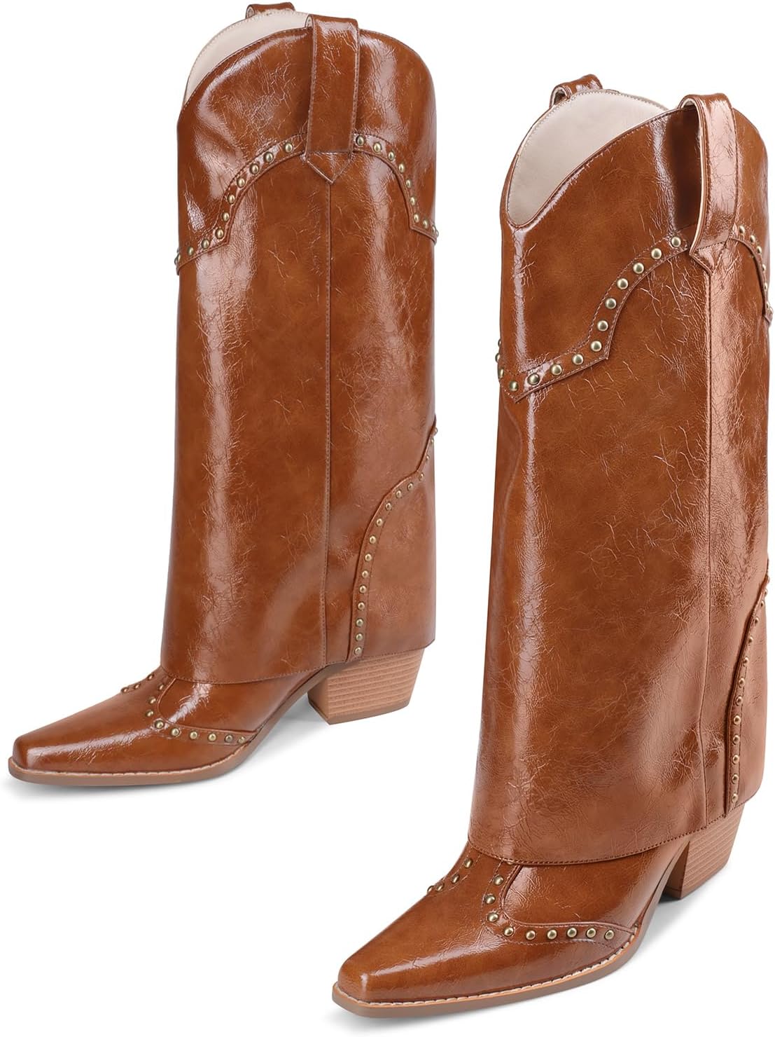 Women Shark Boots Fold Over Mid Calf Chunky Heel Snip Toe Cowboy Cowgirl Pull On Studded Boots for Women - Image 5