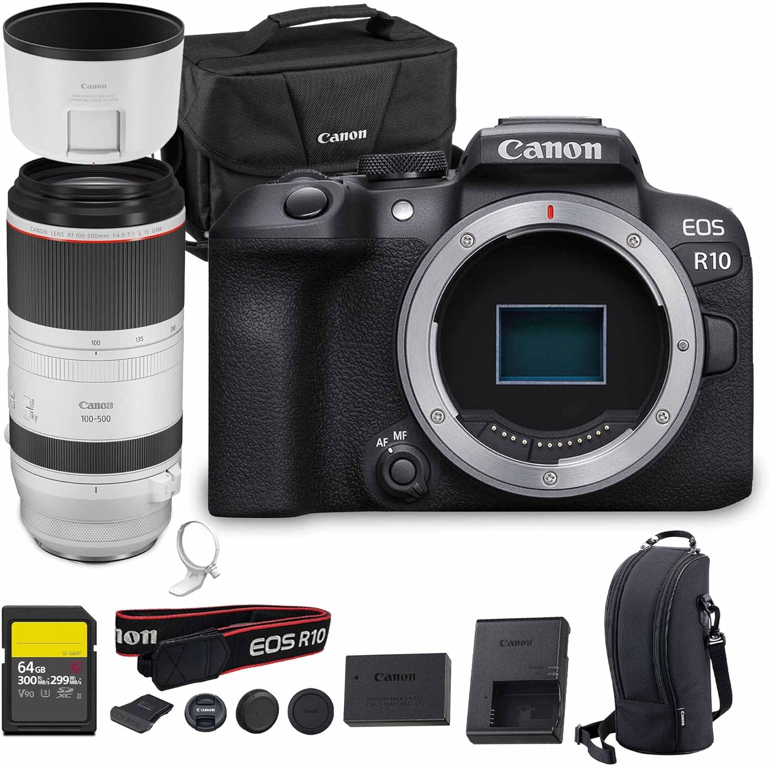Canon EOS R10 Mirrorless Camera 24.2MP APS-C Sensor 4K Video Dual Pixel AF Compact Lightweight Vlogging Travel Camera (5331C002) + Canon RF 100-500mm Lens + 64GB Card + Bag