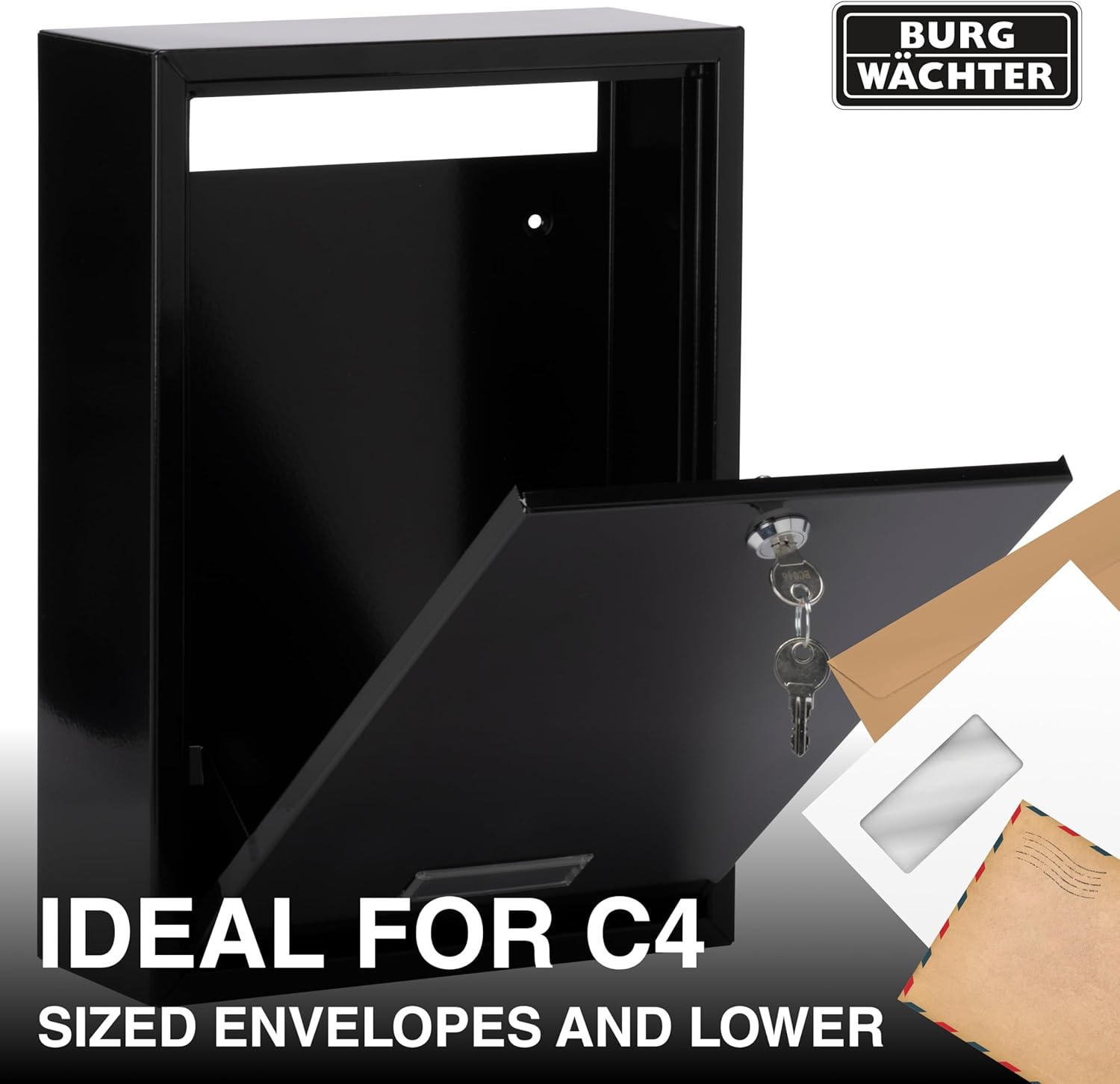 Burg-Wachter MB11BK Forth Rear Access Gate & Wall Mounted Galvanised Steel Lockable Weatherproof Post Box - Black - 25x35x10cm