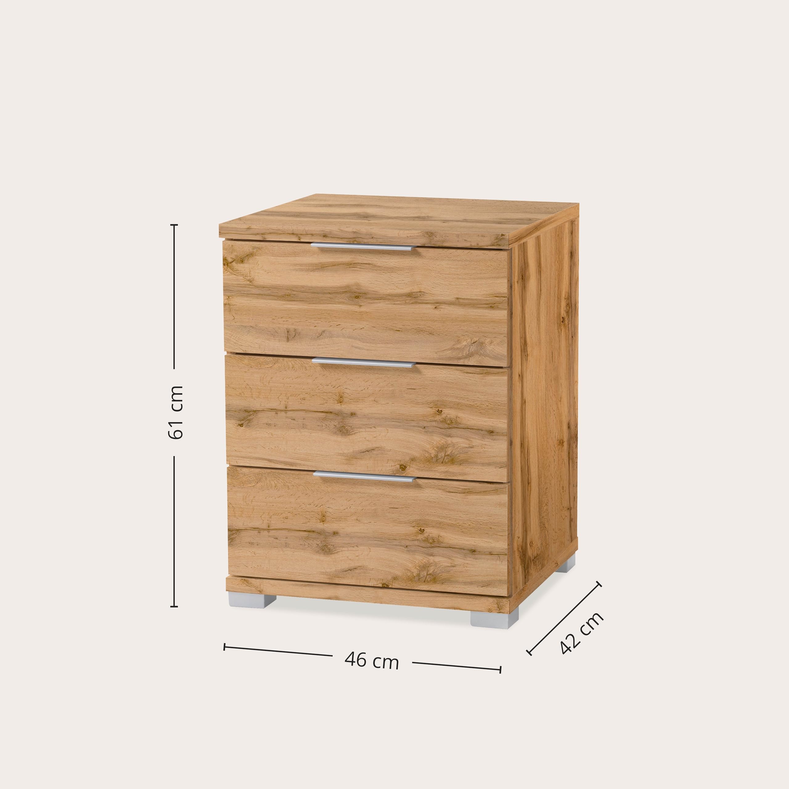 Stella Trading Universal Nachttisch in Wildeiche Optik - Moderner Nachtschrank mit drei Schubladen für Ihr Boxspringbett - 46 x 61 x 42 cm (B/H/T)