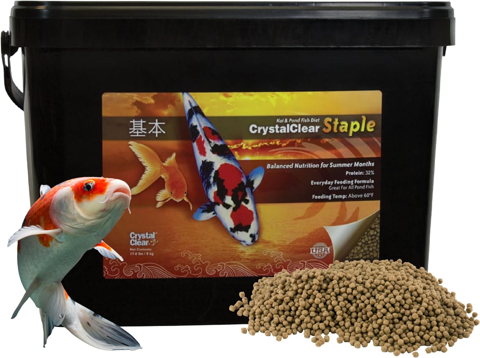 CrystalClear Staple Pond Fish Food for Healthy Koi & Goldfish, Protein Packed Floating Pellets for Summer Nutrition, Easy Digestion, 17.6 Pound Bucket