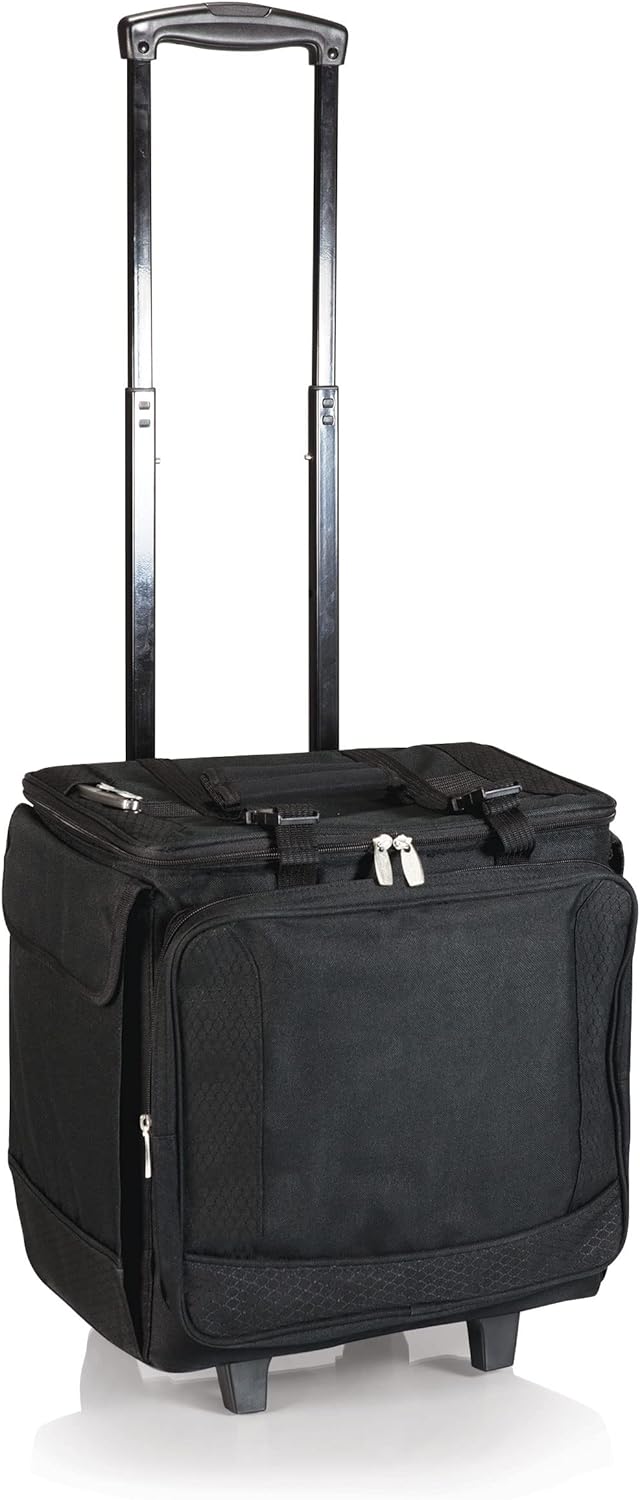 PICNIC TIME Bodega Rolling Wine Cooler, Insulated 12-Bottle Wine Cooler with Wheels, Outdoor Portable Rolling Ice Chest with Water-Resistant Liner, Telescopic Handle and, Large Pockets, (Black)