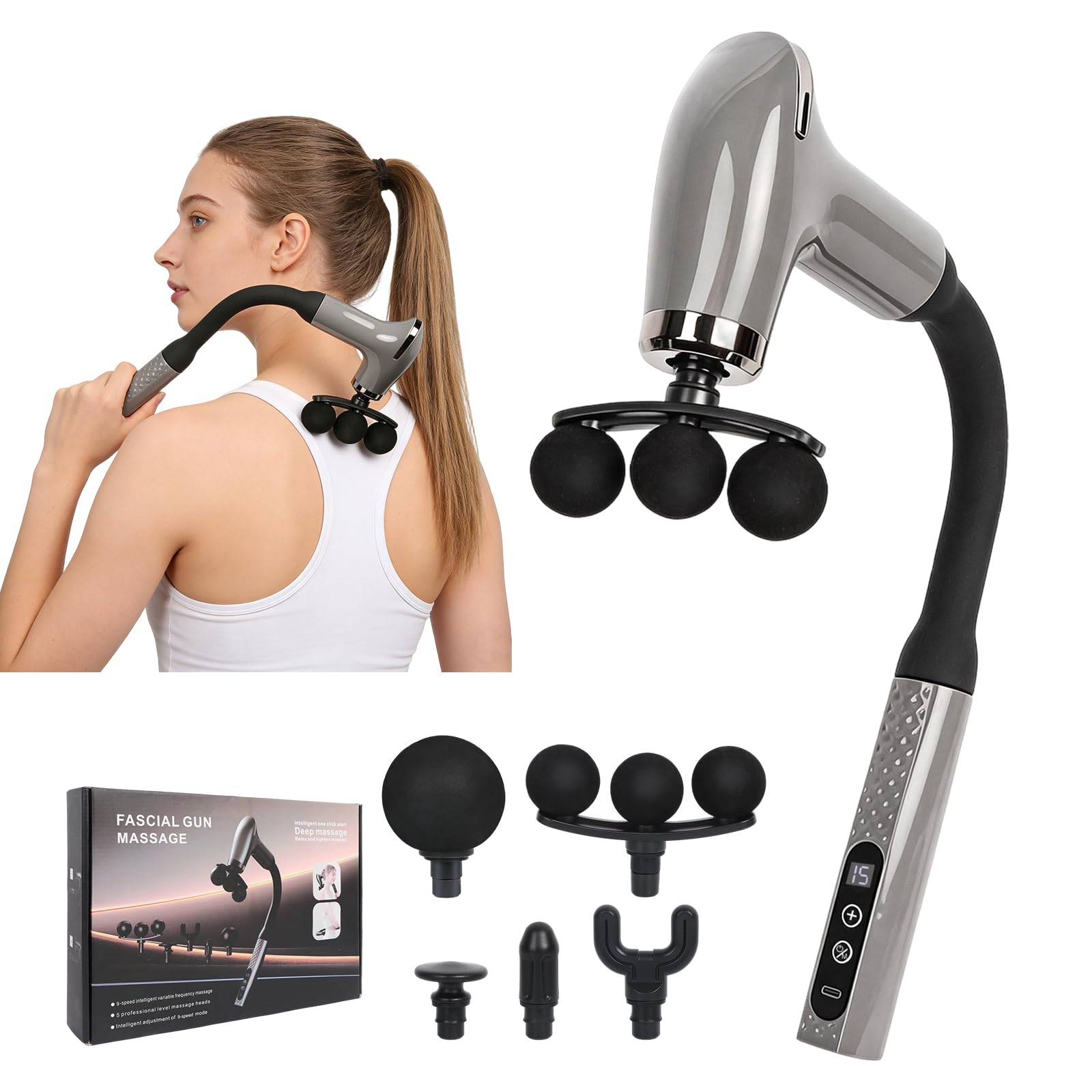 Pistolet de massage avec 9 vitesses, 5 têtes, masseur musculaire avec poignée d'extension, pistolet de massage des tissus profonds pour homme et femme, outil de massage pour détendre les