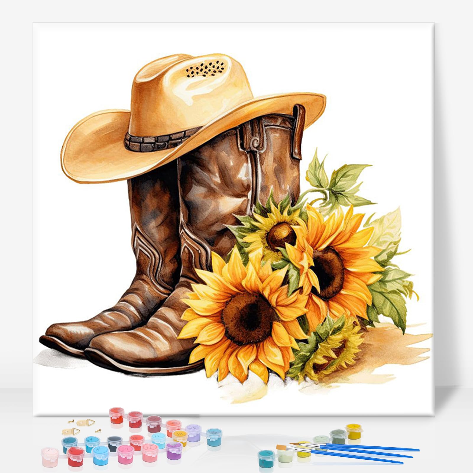 Paint by Numbers for Adults with Frame, Cowboy Boots Easy Framed Paint by Numbers Kits on Canvas for Beginner, Sunflower DIY Acrylic Oil Adult Painting by Numbers for Gift Home Decor 10 x 10 inch