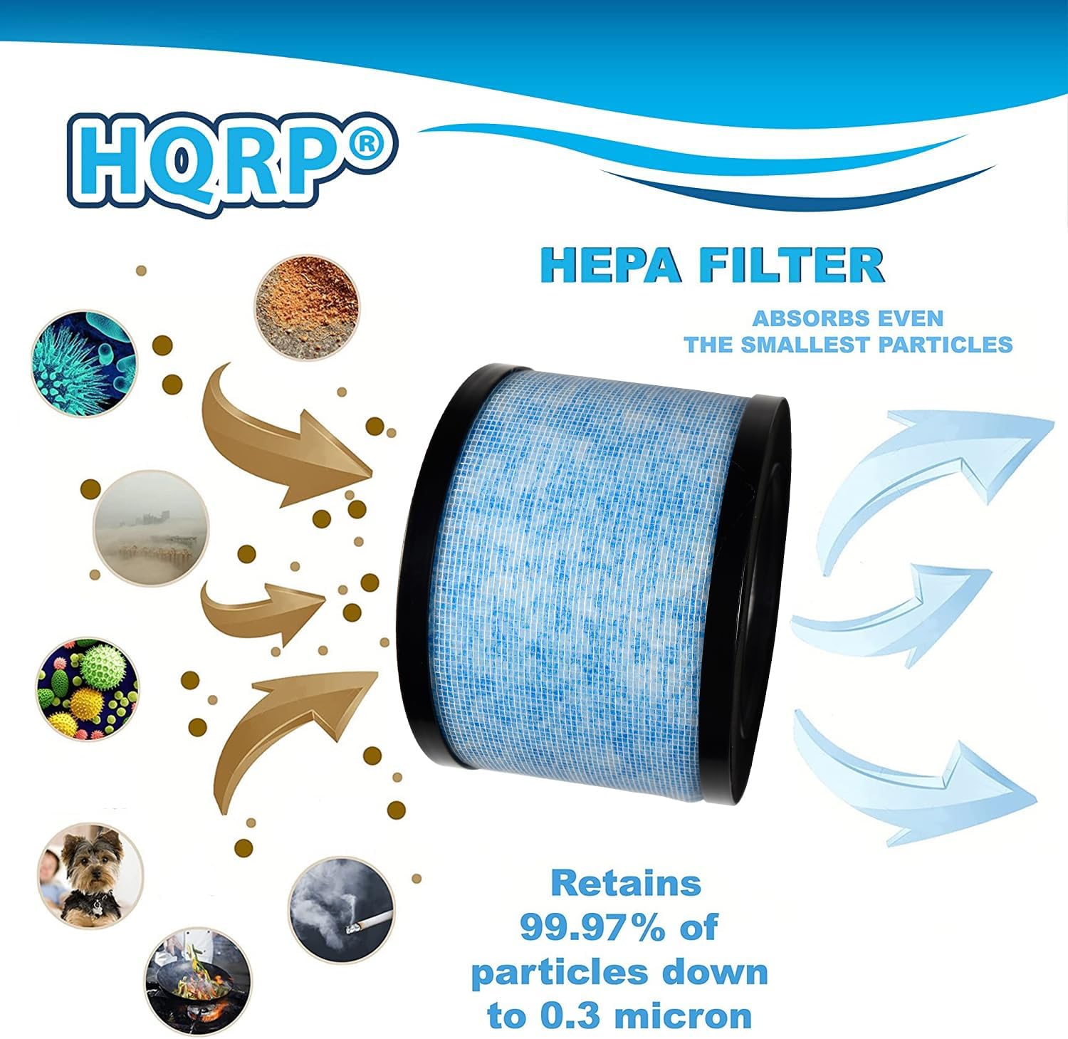 An HQRP HEPA filter with arrows showing various airborne particles like dust, pollen, pet dander, and smoke being captured, and clean air exiting.