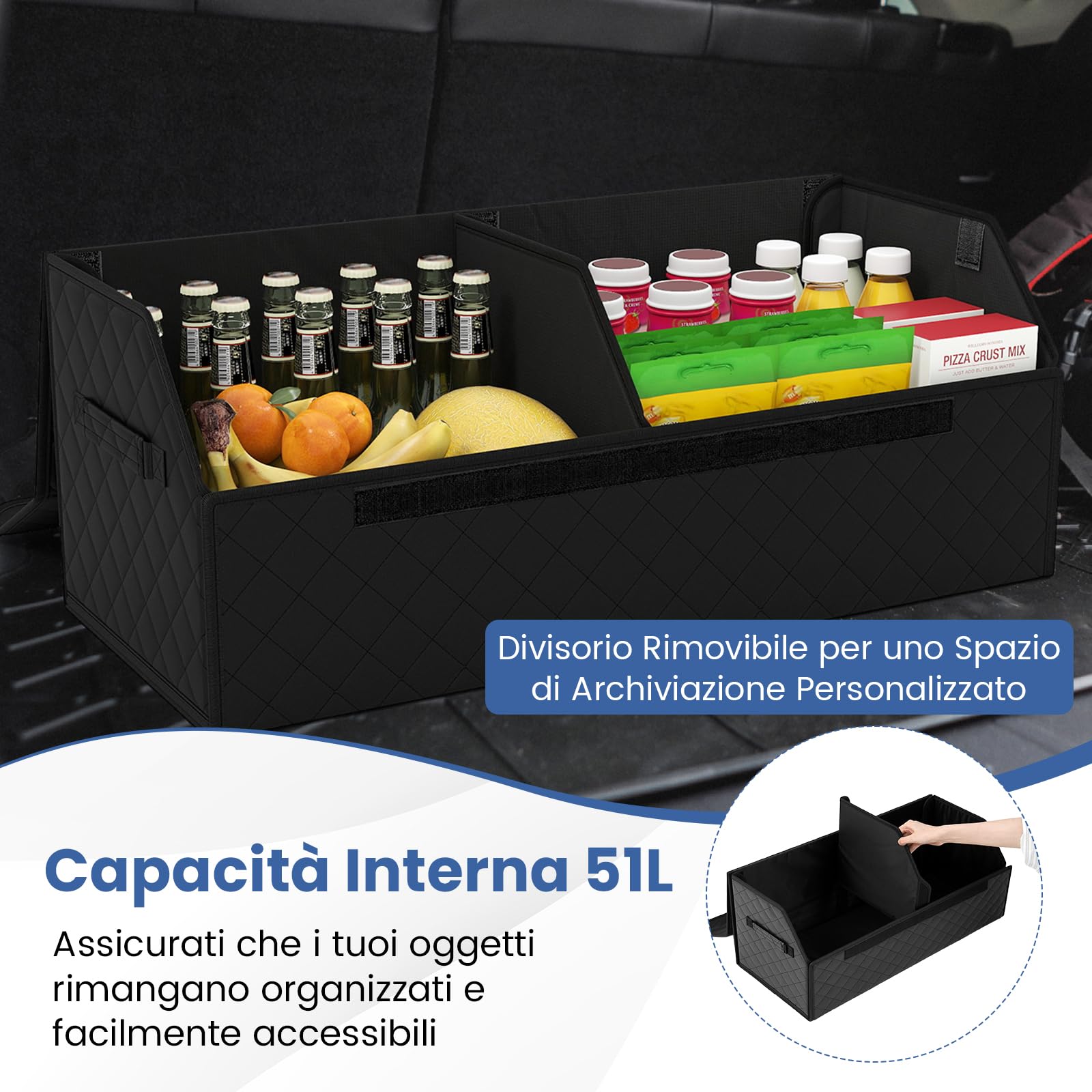 COSTWAY Organizer Bagagliaio Auto, Organizer Baule Auto in Pelle con Coperchio e Divisorio Rimovibile, 51 L, Organizzatore Pieghevole per SUV, Berlina, Campeggio e Casa (Finitura trapuntata)