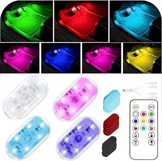 4Pcs LED Interior Car Lights with Remote,7 Colors Sync to Music Ambient Lighting Car Interior with 6 Bright LED Lamp Beads,Portable USB Rechargeable Car Interior Led Night Light for Car Decoration