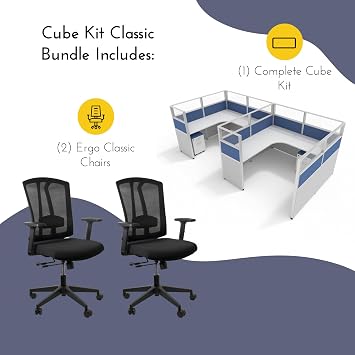 SUNLINE DIY Office Cubicle - Complete Cubicle Desk Kit with 7 Layouts and 2 Durable Ergonomic Chairs, Easy-Assembly Modular Office Kit with Sliding Panel, Wall Partitions and Mobile Storage - Blue