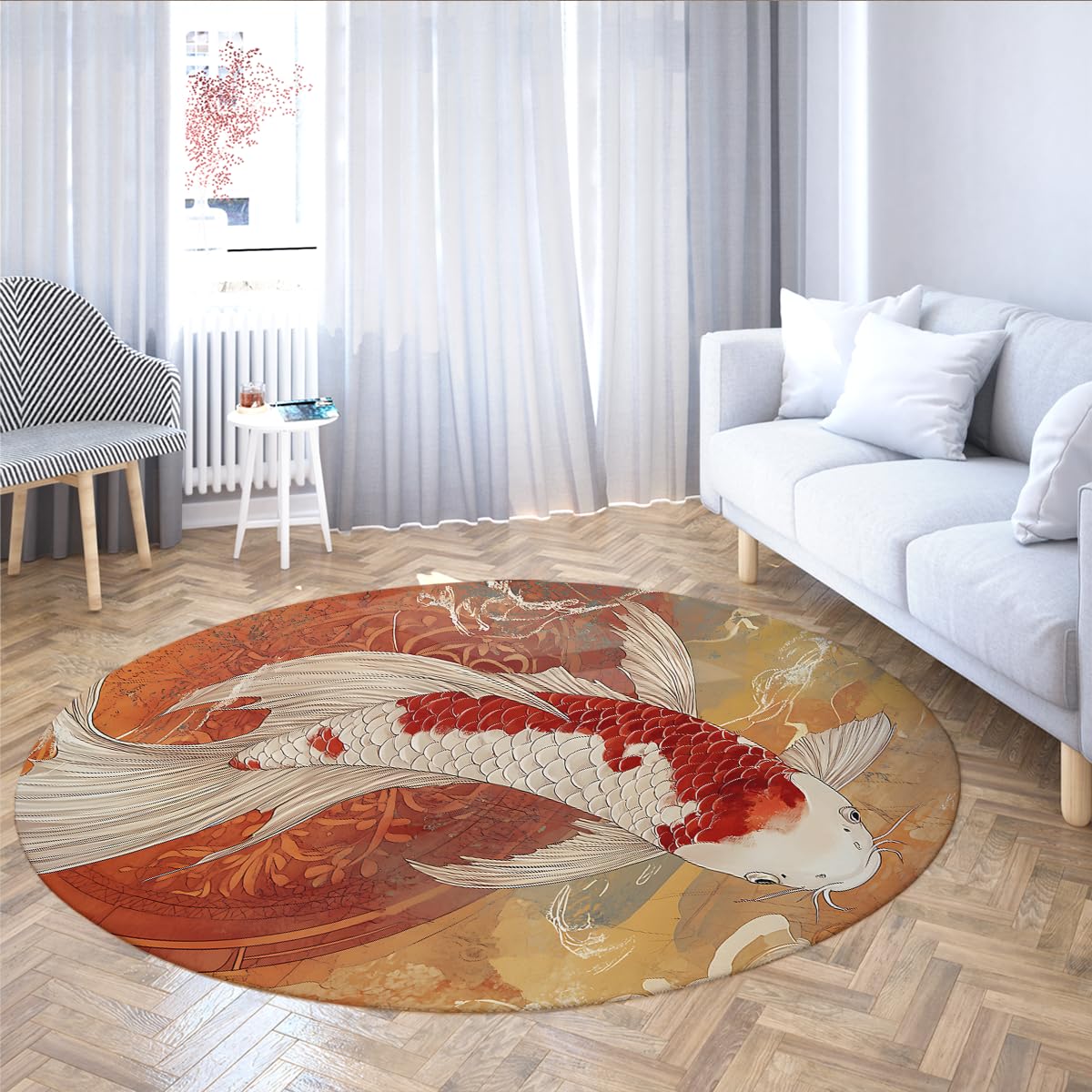 Okrągłe dywany w stylu retro 90 cm koi ryba okrąg dywan azjatycki japoński wystrój domu dywaniki do salonu antypoślizgowe niskie runo nie gubi włosia zmywalny dywan do sypialni biura