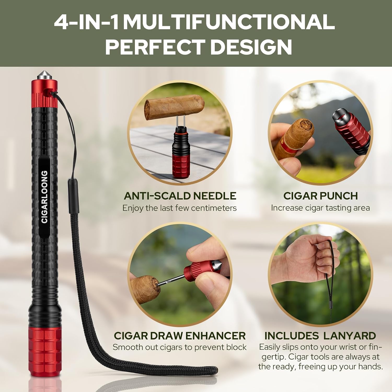 Cigar Draw Enhancer Tool, Cigar Poker & Cigar Nubber & Punch 3 in 1, Practical Cigar Tools and Accessories with Leash for All Cigars with Gift Box,Gifts for Men (Black & red)