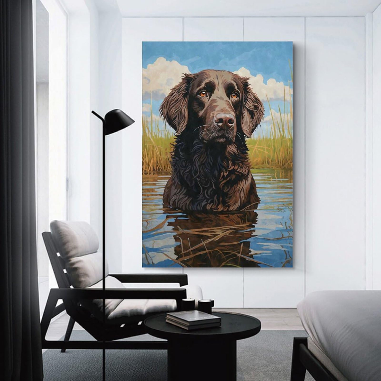 Junmoney Unframe-Style-18 Flatcoated Retriever Water Wall Decor Canvas Print, 20X30inch(50X75cm), For Lounge, Bedroom Or Personal Spaces, Thoughtful Wall Decor For Art Lovers